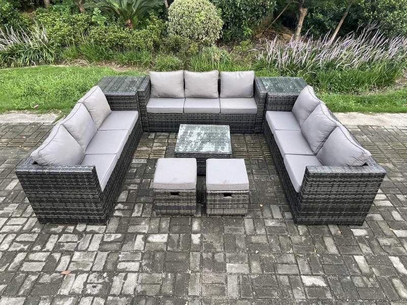 Image of Fimous 11 Seater Outdoor Rattan Garden Furniture Set Patio Lounge Sofa Set with 2 Side Tables Square Coffee Table Dark Grey