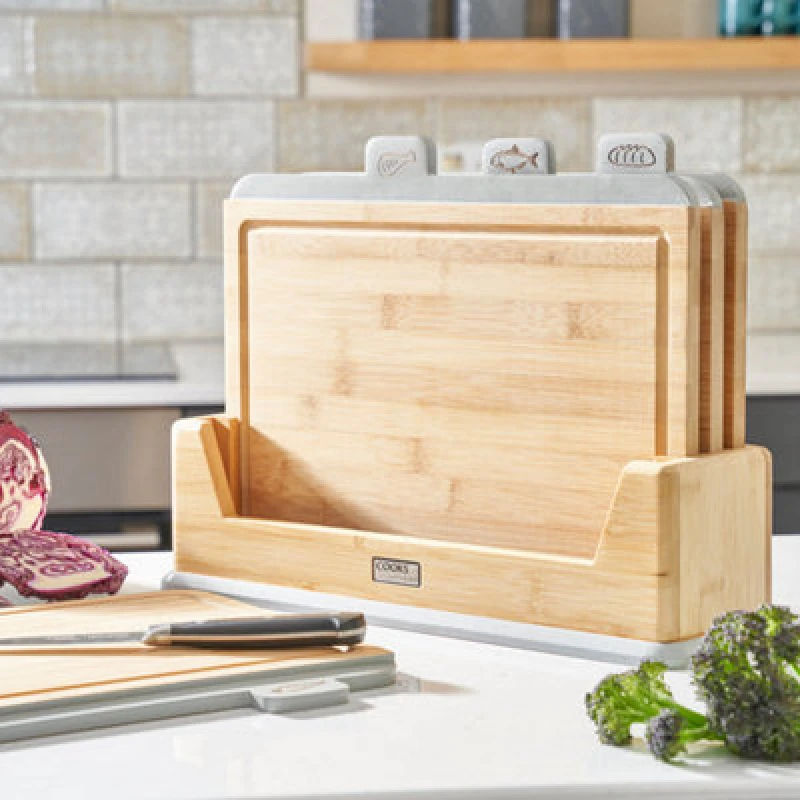 Image of Cooks Professional Set Of 4 Index Bamboo Chopping Boards With Stand & Tabs - Wooden Food Prep Cutting Blocks - Grey