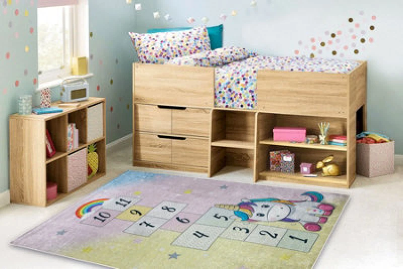 Image of RugsX Bambino 54060 Washing Carpet Unicorn, Hopscotch For Children Anti Slip - Pink / Ye 80X150 Cm