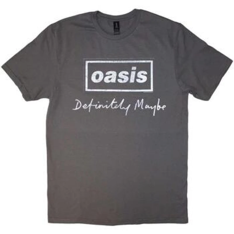 Image of Oasis Oasis Men Definitely Maybe Text Logo Distressed T-Shirt in Charcoal Size: Medium Charcoal M Male 5063574421638
