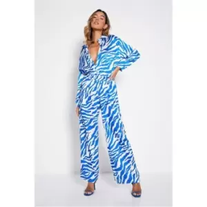 Image of I Saw It First Satin Zebra Print Wide Leg Trousers - Blue