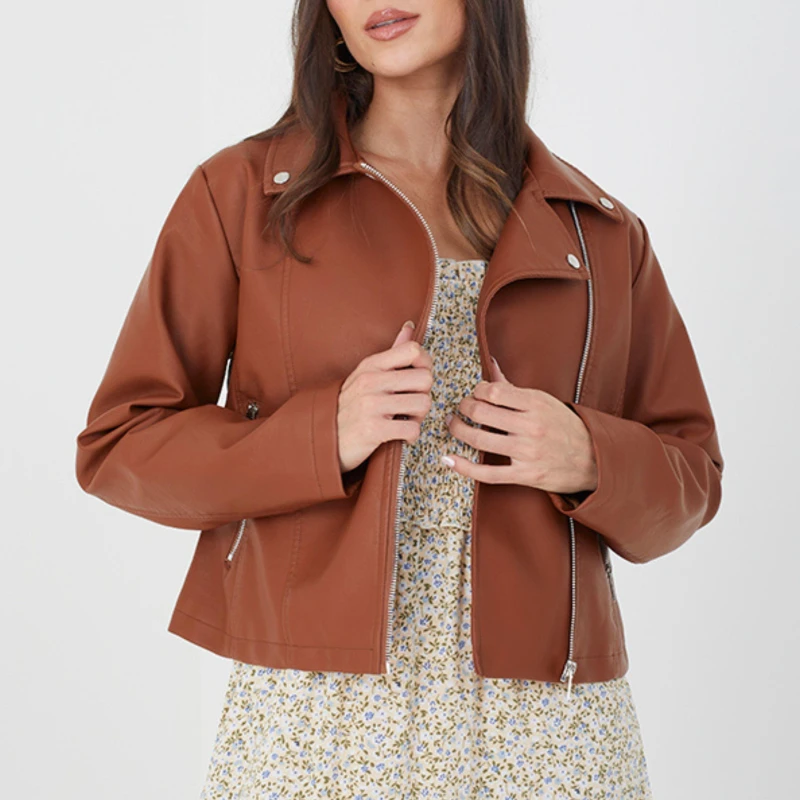 Image of Brave Soul BS Womens Faux Leather Tan Biker Jacket Tan female 8 (XS)