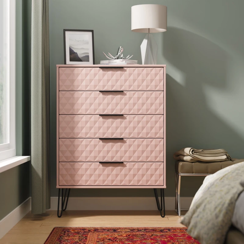 Image of Ready Assembled 2 U Islay 5 Drawer Chest (Ready Assembled) in Dusty Pink Size: Large Dusty Pink Unisex Large