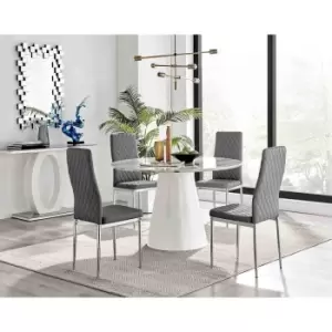 Image of Furniture Box Palma White Marble Effect Round Dining Table and 4 Grey Milan Chrome Leg Chairs