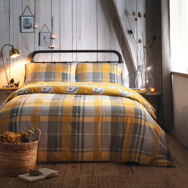 Image of Colville Yellow Checked 100% Brushed Cotton Duvet Cover and Pillowcase Set Yellow