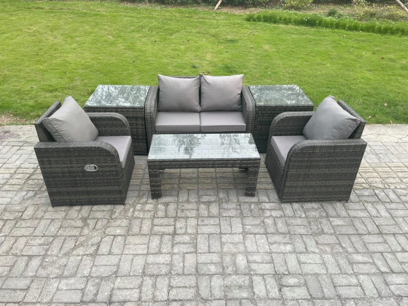 Image of Fimous Rattan Lounge Sofa Set Outdoor Garden Furniture Set with Rectangular Coffee Table Love Sofa 2 Side Tables Dark Grey
