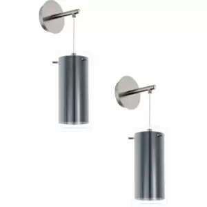 Image of 2 PACK Wall Light Colour Satin Nickel Shade Clear Grey Glass Fabric E27 1x16W
