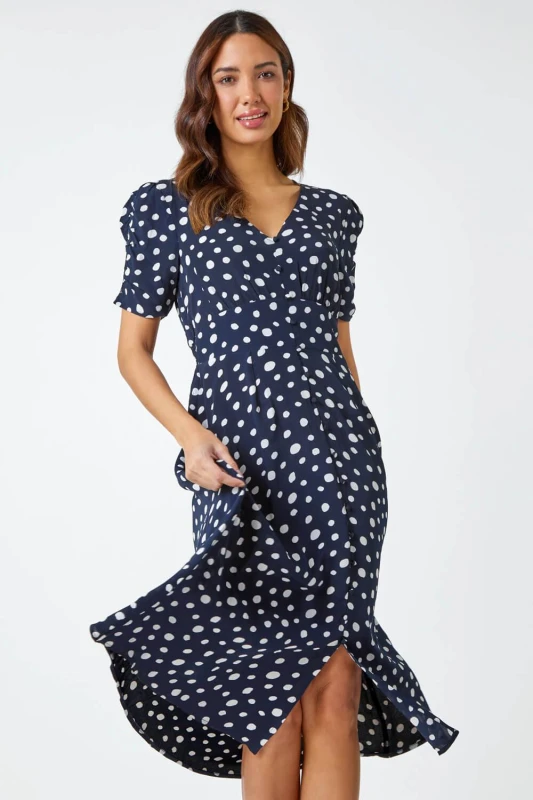 Image of Roman Womens Polka Dot Ruched Sleeve Midi Dress in Navy Size: 12 Navy Female 12