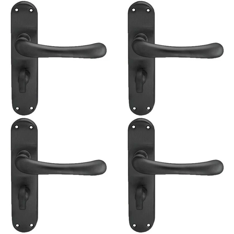 Image of Loops 4x PAIR Smooth Rounded Lever on Shaped Bathroom Backplate 185 x 42mm Matt Black Black