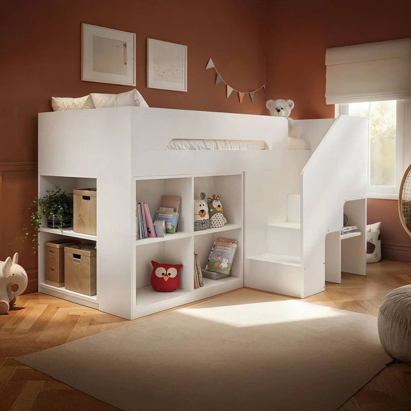 Image of Flair Quinn Staircase Mid Sleeper Bed with Storage in White Size: Single White Unisex Single