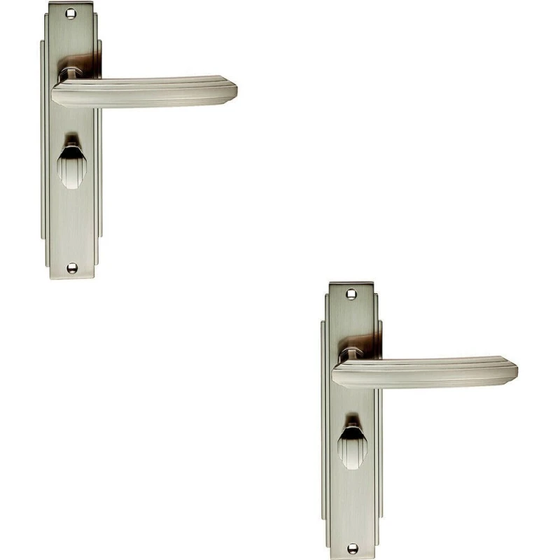 Image of Loops 2x PAIR Line Detailed Handle on Bathroom Backplate 205 x 45mm Satin Nickel Metallics
