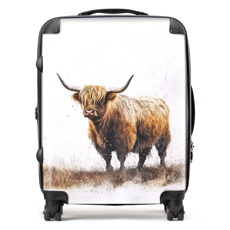 Image of Warren Reed - Designer Highland Cow Watercolour Suitcase in Brown Size: Large Brown Unisex Large