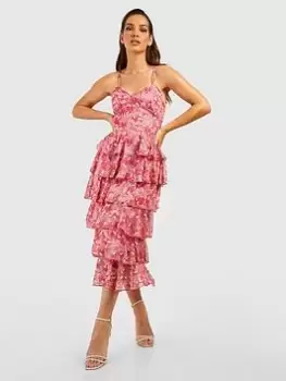 Image of Boohoo Chiffon Floral Strappy Midi Dress - Pink, Size 8, Women