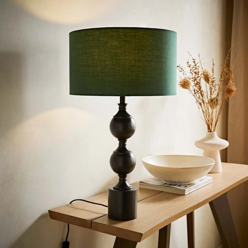 Image of ValueLights ValueLights Declan Candlestick Metal Ball Table Lamp with Fabric Drum Lamp Shade in Bottle Green Bottle Green One Size Unisex 505940606796