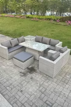 Image of Fimous 8 Seater Outdoor Light Grey Rattan Lounge Complete Sofa Set with Adjustable Table, Side Table and Big Footstool