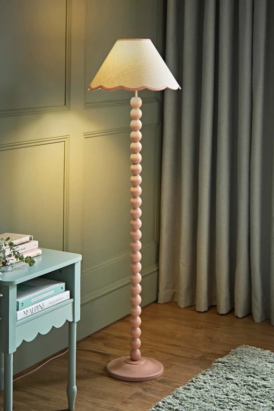 Image of ValueLights Bobbins Painted Rose Pink Floor Lamp with Tapered Natural Linen Scallop Shade Pink