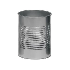 Image of Durable 15 Litre Waste Basket Metal Round with 165mm Perforation Ring Silver