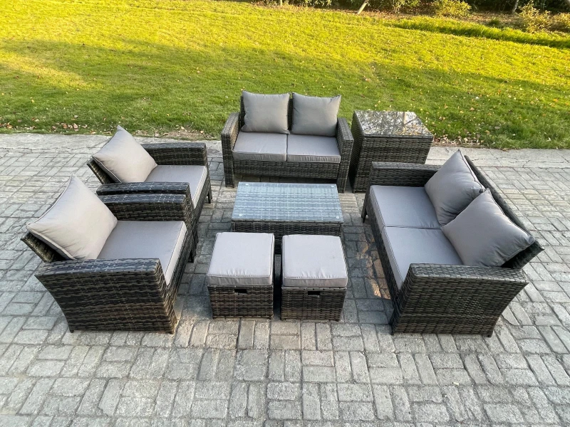 Image of Fimous Garden Furniture Sets 8 Pieces Outdoor Rattan Furniture Manual Wicker Patio Sofa Chair Set with Coffee Table Side Table in Dark Grey Dark Grey