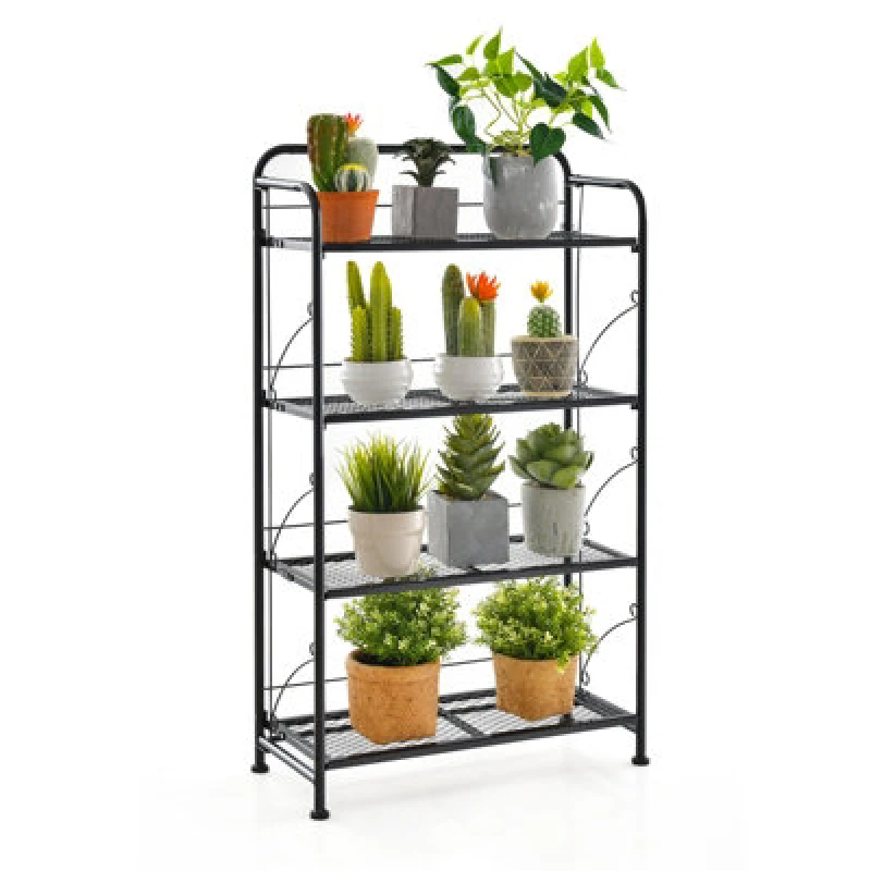 Image of Costway 4-Tires Collapsible Plant Rack Metal Folding Plant Stand Indoor Outdoor