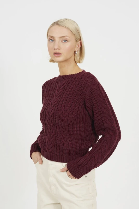 Image of Brave Soul Womens Classic Crew Neck Cable Knit Jumper Aubergine female 14 (L)
