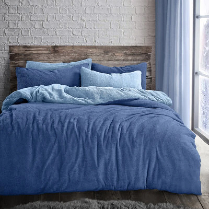 Image of Velosso Teddy Two Tone Warm And Cosy Duvet Cover And Pillowcase Set - Blue