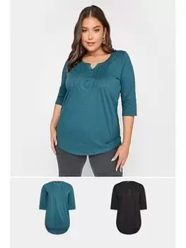 Image of Yours Yours Pintuck Henley 2 Pack - Black & Teal, Black, Size 34-36, Women
