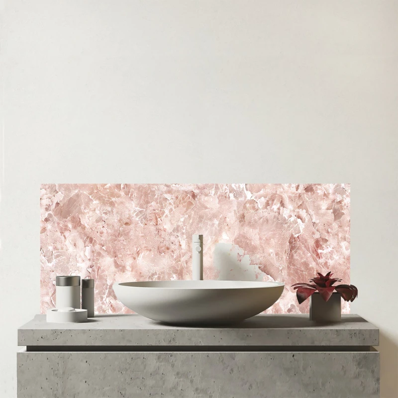 Image of Warren Reed - Designer Polished Pale Pink Quartz Effect Glass Bathroom Splashback in Gold Gold Unisex