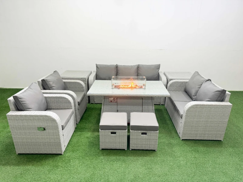 Image of Fimous PE Rattan Garden Furniture Set Reclining Chair Sofa Double Love Seat 2 Seater Sofa Lounge Set Firepit Dining Table 2 Stools 2 Side Table Light
