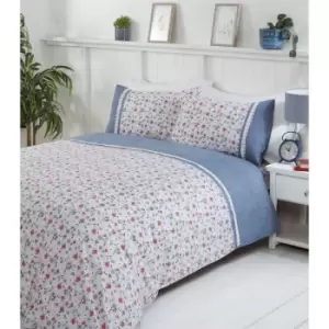 Image of Penelope Floral Daisy Lace Trim Blue Double Duvet Cover Set Bedding Bed Set - Blue - Rapport