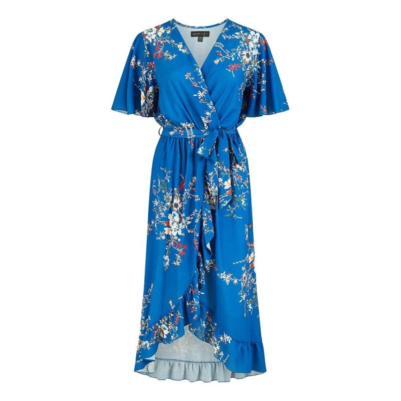Image of Mela Blue Floral Dip Hem Wrap Midi Dress Blue female