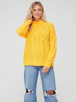 Image of Tommy Hilfiger Relaxed Fit Cable Mock Neck Sweater - Yellow, Yellow Size M Women