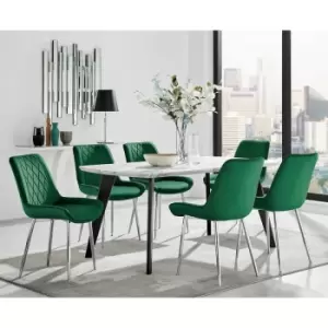 Image of Andria Black Leg Marble Effect Dining Table and 6 Green Pesaro Silver Leg Chairs - Green