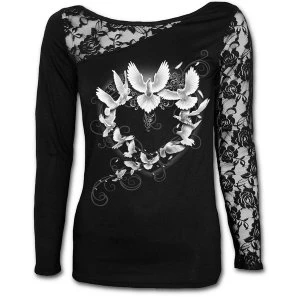 Image of Doves Heart Womens Small Lace One Shoulder Long Sleeve Top - Black