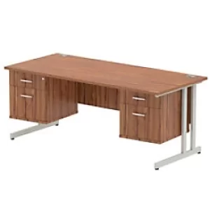 Image of Dynamic Rectangular Office Desk Walnut MFC Cantilever Leg Silver Frame Impulse 2 x 2 Drawer Fixed Ped 1800 x 800 x 730mm