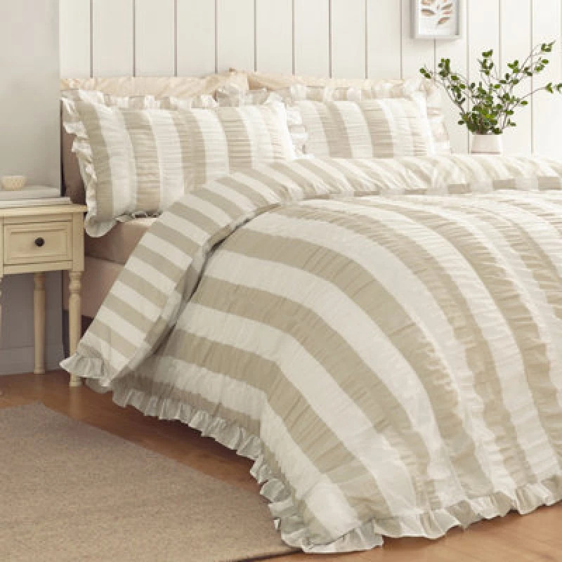 Image of Catherine Lansfield Seersucker Frill Stripe Duvet Cover Bedding Set Natural