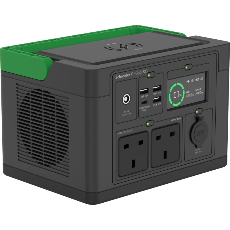 Image of APC APC SE OffGrid Portable Power Station 330 - Li-Ion battery, LCD, 2x UK socket, 3x USB-A, 1x USB-C, 1x 12V, Wireless charger PPS330-UK