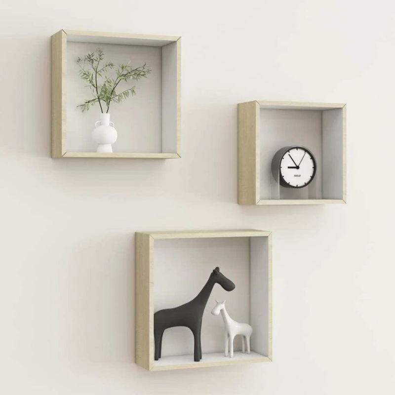 Image of VIDAXL Wall Cube Shelves 3 pcs White and Sonoma Oak Vidaxl 8720286418215