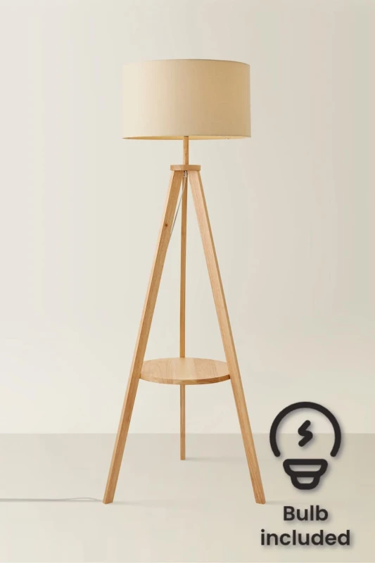 Image of ValueLights Morrigan Light Wood Tripod Floor Lamp With Fabric Drum Lamp Shade and LED Bulb Beige