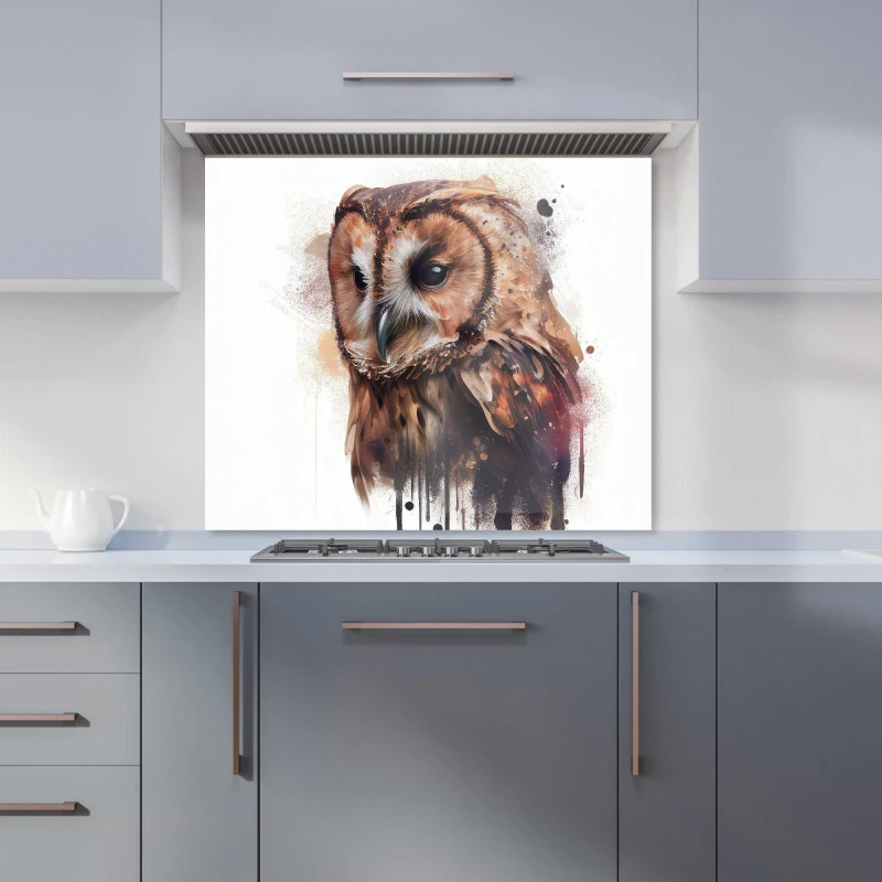 Image of Warren Reed - Designer Tawny Owl Face Splashart Light Background Kitchen Splashback in Brown Size: 600mm x 650mm Brown Unisex 600mm x 650mm