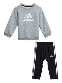 Image of adidas Infants Unisex Badge Of Sport Crew & Jog Pant Set - Grey/Black, Grey/Black, Size 2-3 Years