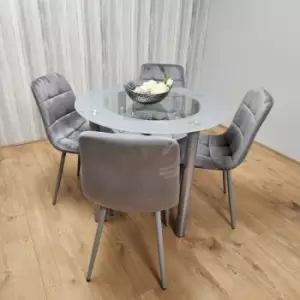 Image of Kosy Koala - Round Glass Grey Kitchen Dining Table With Storage Shelf And 4 Grey Tufted Velvet Chairs Kitchen