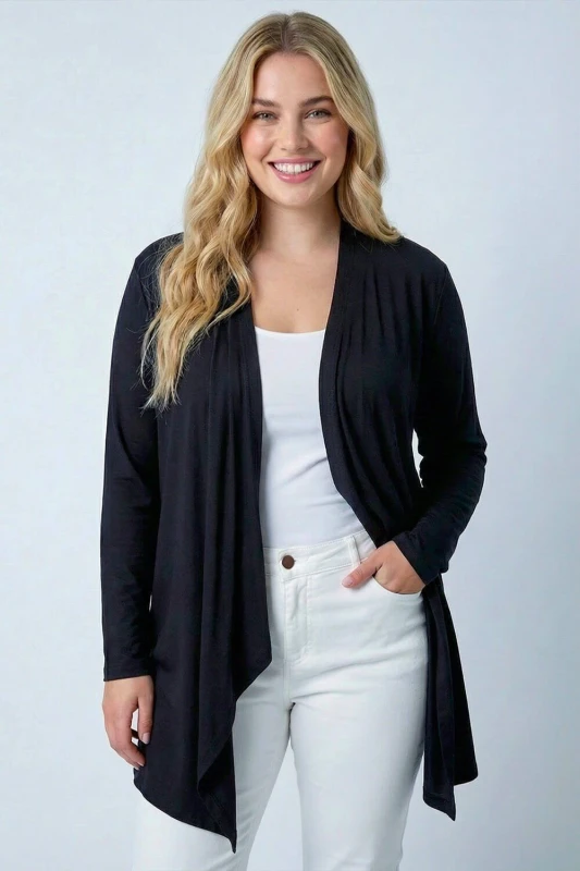Image of Roman Curve Waterfall Front Jersey Cardigan Black