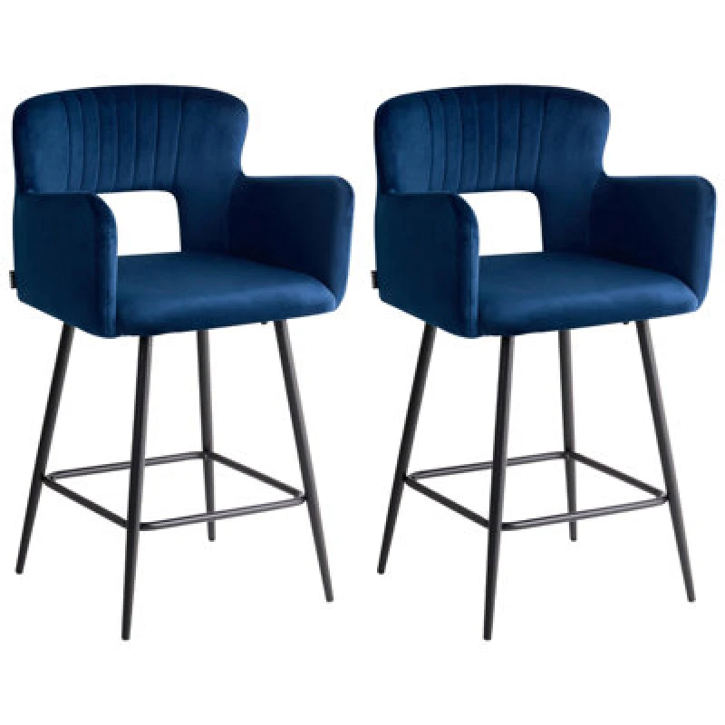 Image of Beliani Set Of 2 Bar Chairs Sanilac Velvet Navy Blue