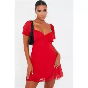 Image of I Saw It First Red Short Puff Sleeve Dobby Mesh Skater Dress - Red
