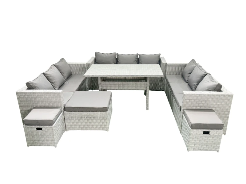 Image of Fimous Rattan Garden Outdoor Furniture Set 12 Seater Garden Sofa Rectangulr Dining Table Set with 3 Footstools Light Grey Mixed Light Grey