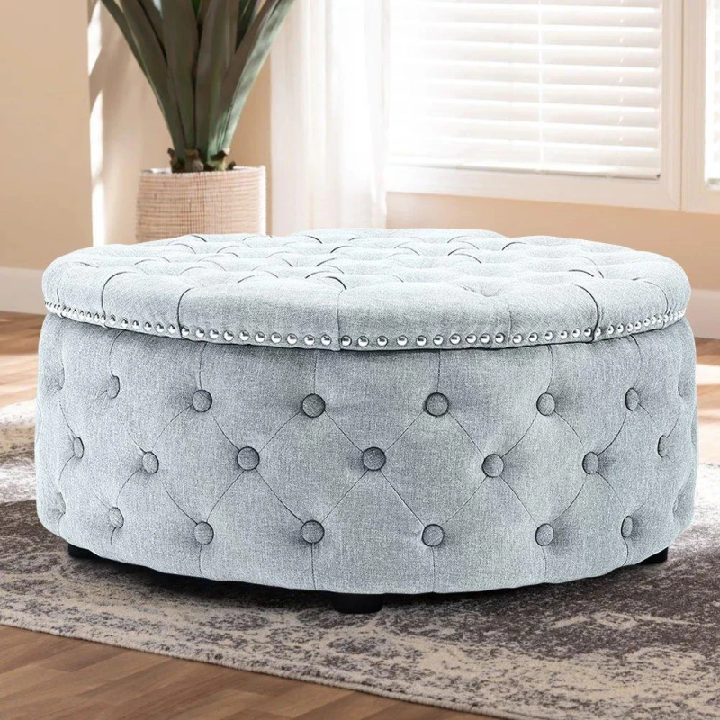 Image of Kabinet UK Contemporary Round Ottoman with Grey Fabric Grey White unisex One size