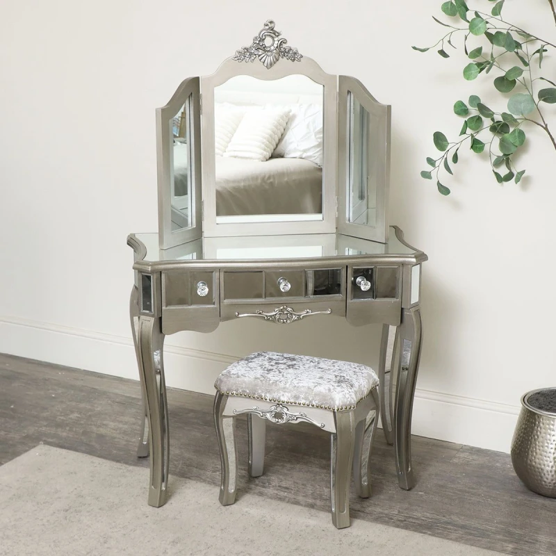 Image of Melody Maison Ornate Mirrored 3 Drawer Dressing Table, Stool And Mirror Bedroom Furniture Set - Tiffany Range Metallic Silver