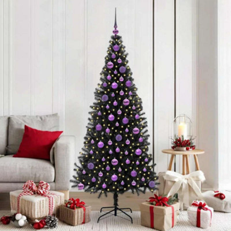 Image of vidaXL Christmas Tree with 300 LEDs, Lilac Balls with Stand Black 180cm PVC, Black 3396484
