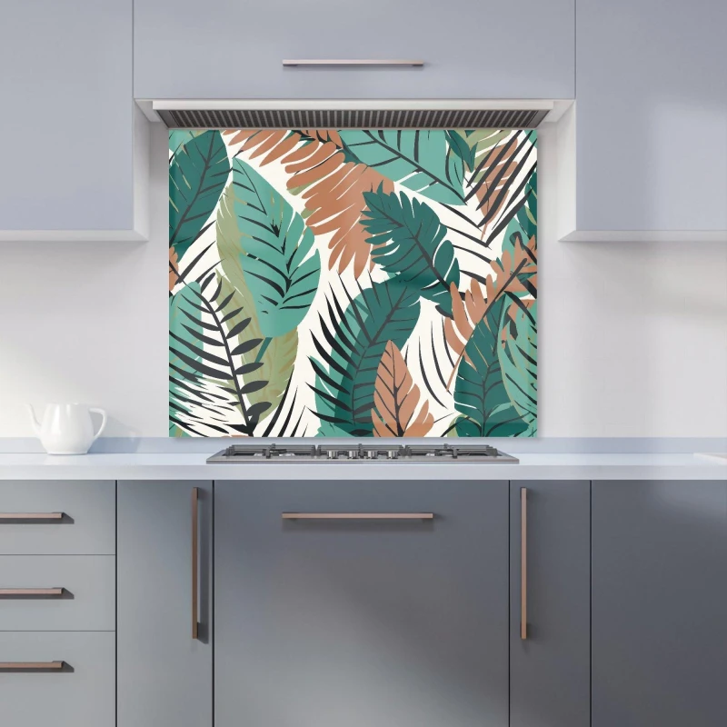 Image of Warren Reed - Designer Tropical Floral Leaves Green Brown Kitchen Splashback Size: 700mm x 650mm Green Unisex 700mm x 650mm