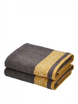 Image of Catherine Lansfield Linear Diamond Towel Range - Charcoal/Yellow - 2 Hand Towels